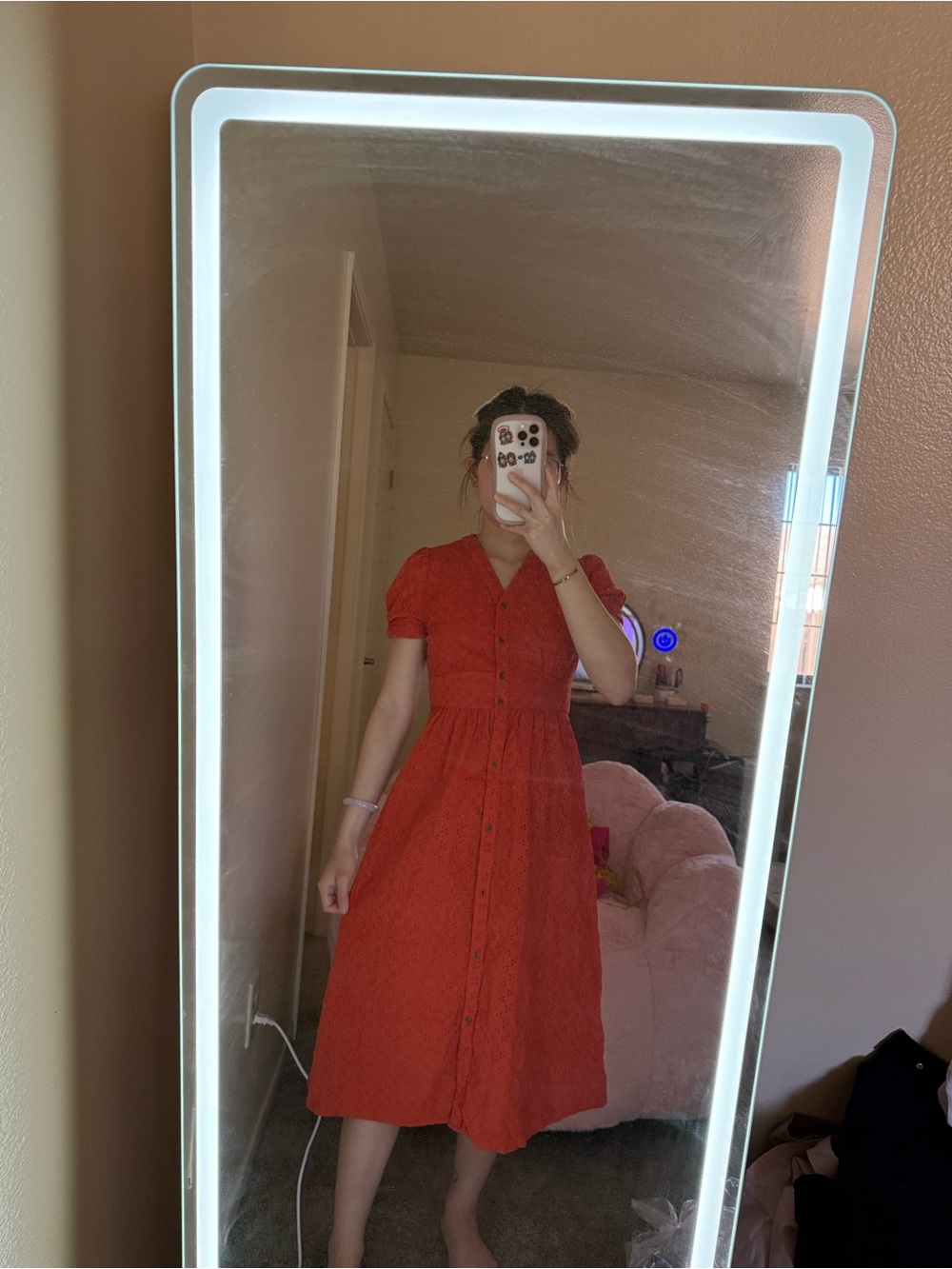 Women's Orange Button-Front Midi Dress